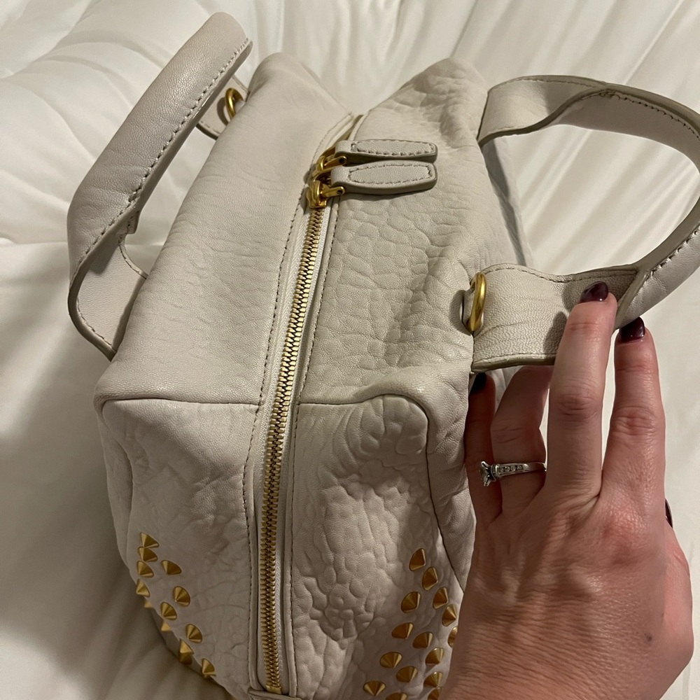 MCM Pebbled Cream Leather Satchel with Gold Stud Accents - Picture 8 of 16